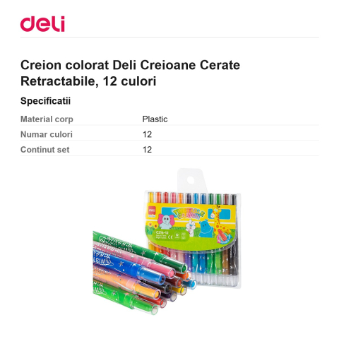 Creion colorat Deli Creioane Cerate Retractabile, 12 culori [2]