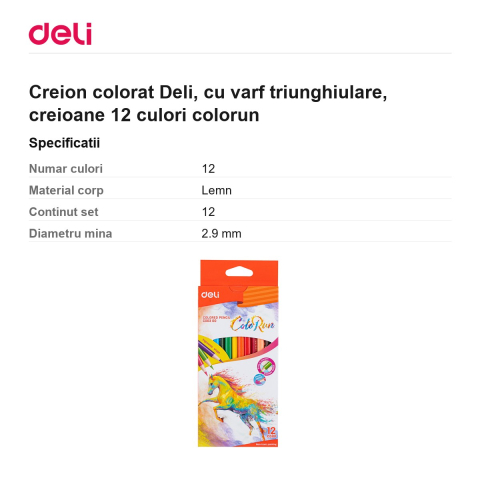 Creion colorat Deli, cu varf triunghiulare, creioane 12 culori colorun [2]