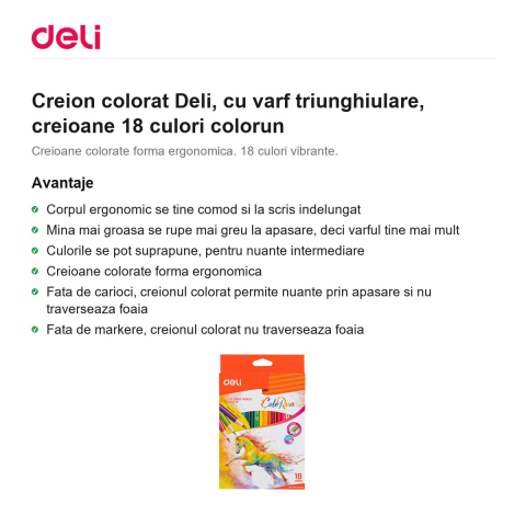 Creion colorat Deli, cu varf triunghiulare, creioane 18 culori colorun [1]