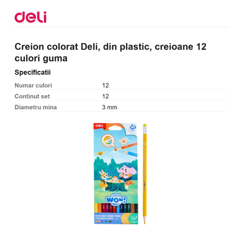 Creion colorat Deli, din plastic, creioane 12 culori guma [2]