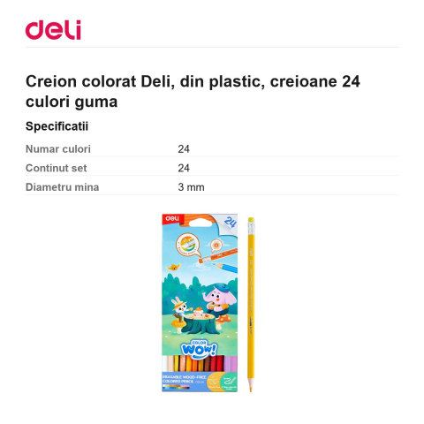 Creion colorat Deli, din plastic, creioane 24 culori guma [2]