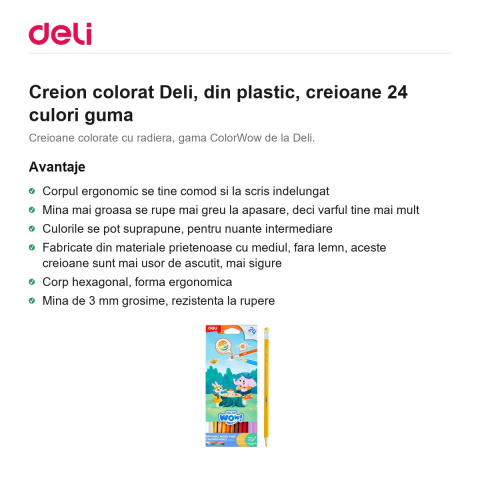 Creion colorat Deli, din plastic, creioane 24 culori guma [1]
