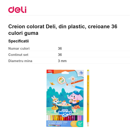 Creion colorat Deli, din plastic, creioane 36 culori guma [2]
