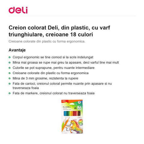 Creion colorat Deli, din plastic, cu varf triunghiulare, creioane 18 culori [1]