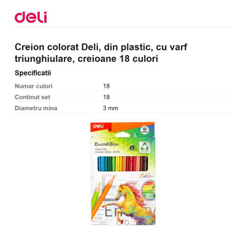 Creion colorat Deli, din plastic, cu varf triunghiulare, creioane 18 culori [2]