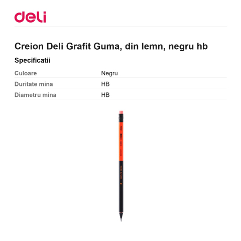 Creion Deli Grafit Guma, din lemn, negru hb [2]