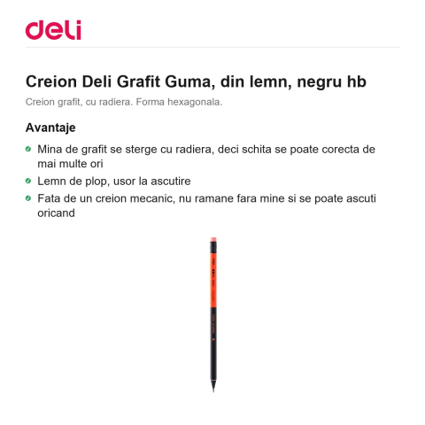 Creion Deli Grafit Guma, din lemn, negru hb [1]