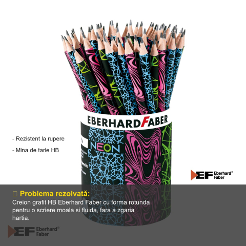 Creion grafit Eberhard Faber HB fara guma, corp rotund negru-neon, scriere moale fara zgarieturi [1]