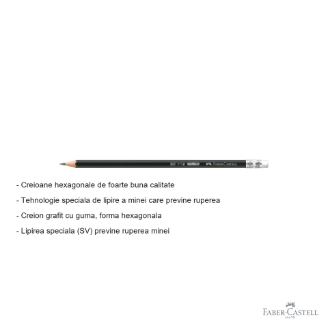 Creion grafit Faber-Castell 1112, mina HB cu guma, forma hexagonala, pentru scris si desen [1]