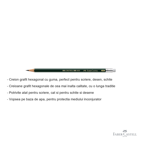 Creion grafit Faber-Castell Castell 9000 cu guma, mina HB, pentru scriere si desen [1]
