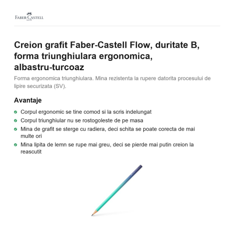 Creion grafit Faber-Castell Flow, duritate B, forma triunghiulara ergonomica, albastru-turcoaz [1]