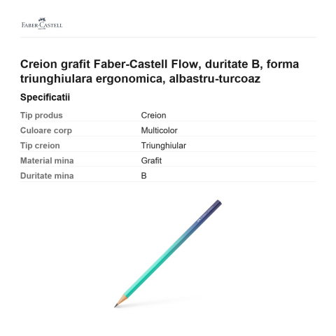 Creion grafit Faber-Castell Flow, duritate B, forma triunghiulara ergonomica, albastru-turcoaz [2]