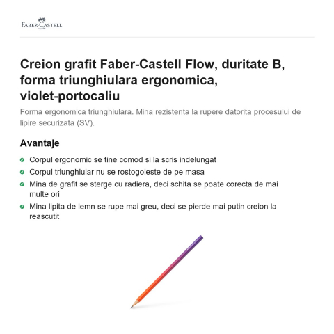 Creion grafit Faber-Castell Flow, duritate B, forma triunghiulara ergonomica, violet-portocaliu [1]