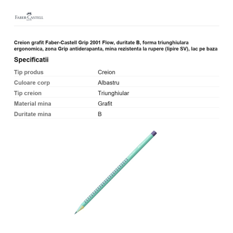 Creion grafit Faber-Castell Grip 2001 Flow, duritate B, forma triunghiulara ergonomica, zona Grip antiderapanta, mina rezistenta la rupere (lipire SV), lac pe baza de apa, Buzzing Blue [2]