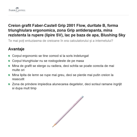 Creion grafit Faber-Castell Grip 2001 Flow, duritate B, forma triunghiulara ergonomica, zona Grip antiderapanta, mina rezistenta la rupere (lipire SV), lac pe baza de apa, Blushing Sky [1]
