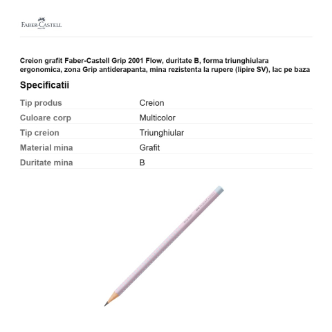 Creion grafit Faber-Castell Grip 2001 Flow, duritate B, forma triunghiulara ergonomica, zona Grip antiderapanta, mina rezistenta la rupere (lipire SV), lac pe baza de apa, Blushing Sky [2]