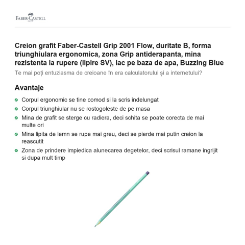 Creion grafit Faber-Castell Grip 2001 Flow, duritate B, forma triunghiulara ergonomica, zona Grip antiderapanta, mina rezistenta la rupere (lipire SV), lac pe baza de apa, Buzzing Blue [1]
