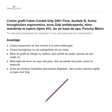 Creion grafit Faber-Castell Grip 2001 Flow, duritate B, forma triunghiulara ergonomica, zona Grip antiderapanta, mina rezistenta la rupere (lipire SV), lac pe baza de apa, Punchy Melon [1]