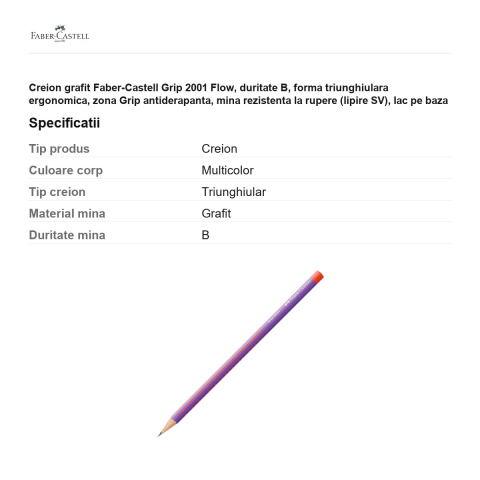Creion grafit Faber-Castell Grip 2001 Flow, duritate B, forma triunghiulara ergonomica, zona Grip antiderapanta, mina rezistenta la rupere (lipire SV), lac pe baza de apa, Punchy Melon [2]