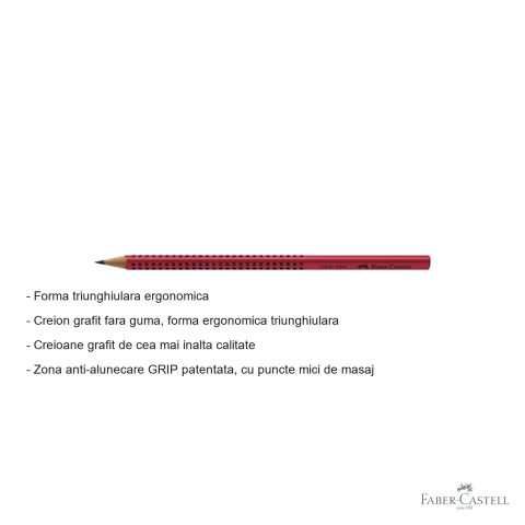 Creion grafit Faber-Castell Grip 2001, mina B, forma ergonomica triunghiulara, rosu, pentru scris si desen [1]