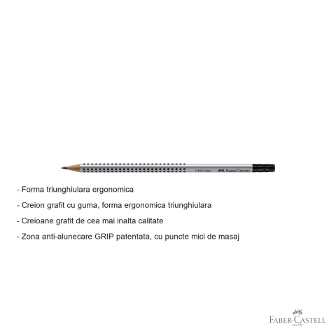 Creion grafit Faber-Castell Grip 2001, mina HB, forma triunghiulara ergonomica cu guma inclusa [1]