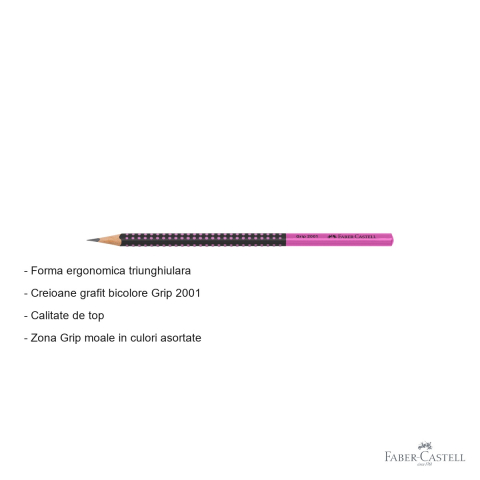 Creion grafit Faber-Castell Grip 2001 Two Tone, mina B, forma ergonomica triunghiulara, negru-roz [1]