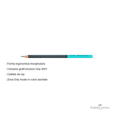 Creion grafit Faber-Castell Grip 2001 Two Tone, mina B, forma ergonomica triunghiulara, negru-turcoaz [1]