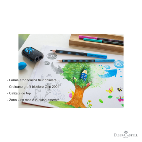 Creion grafit Faber-Castell Grip 2001 Two Tone, mina B, forma triunghiulara ergonomica, negru-bleu [1]
