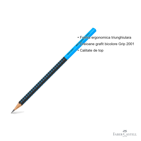 Creion grafit Faber-Castell Grip 2001 Two Tone, mina B, forma triunghiulara ergonomica, negru-bleu [2]