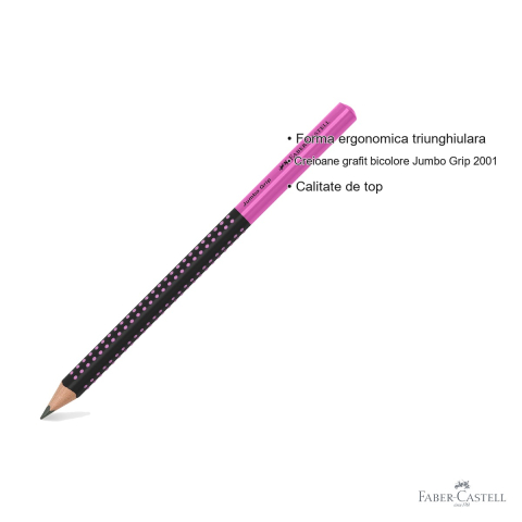 Creion grafit Faber-Castell Jumbo Grip Two Tone negru-roz, mina B, forma ergonomica triunghiulara [2]