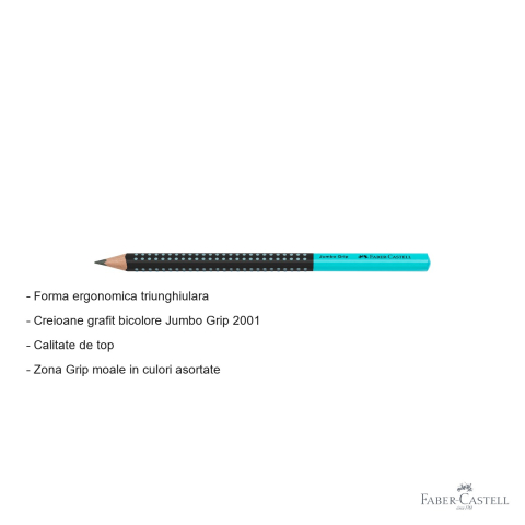 Creion grafit Jumbo Grip Two Tone Faber-Castell, mina B, forma triunghiulara ergonomica, negru-turcoaz [1]