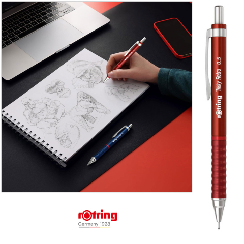 Creion Mecanic 0.5mm pentru Scris, Desen si Creativitate, cu Design Retro Rosu si Ergonomie Superioara, Tikky 3 Retro, Rotring [3]