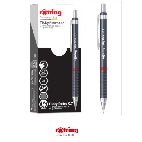 Creion Mecanic 0.7mm cu Design Retro si Grip Ergonomic pentru Scris, Birou Minimalist si Stil Sofisticat, Rotring Tikky 3 Gri Retro [2]