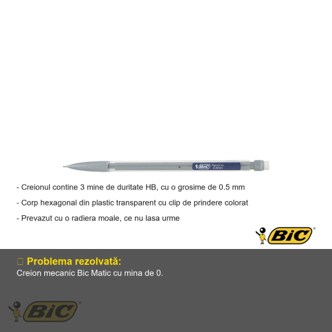 Creion mecanic Bic Matic 0.5mm, corp hexagonal transparent, cu radiera, pentru scris si desen [1]