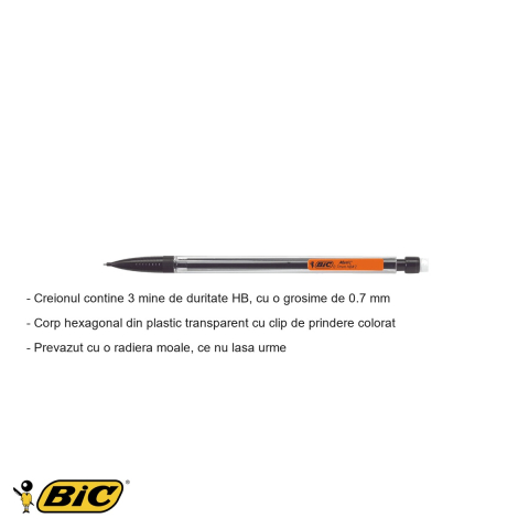 Creion mecanic Bic Matic 0.7 mm, corp hexagonal transparent, cu radiera, pentru birou si scoala [1]