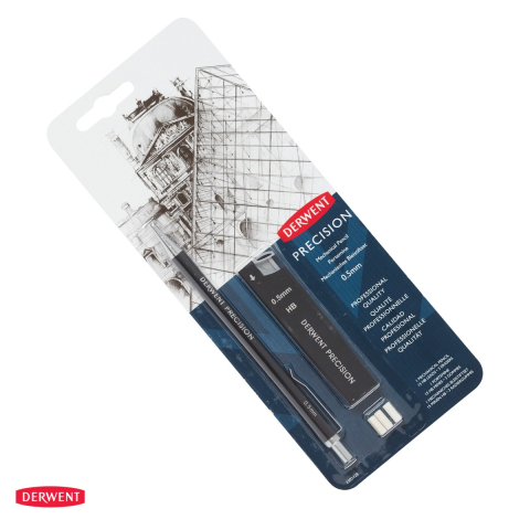 Creion mecanic Derwent Professional din metal, mina 0.5 mm HB, cu 15 mine si 2 radiere de rezerva, negru [0]