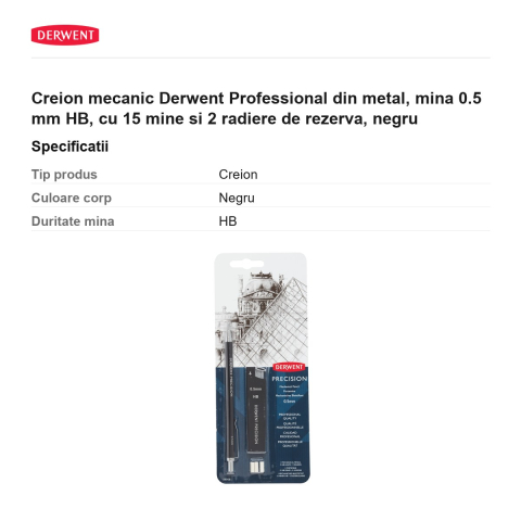 Creion mecanic Derwent Professional din metal, mina 0.5 mm HB, cu 15 mine si 2 radiere de rezerva, negru [2]