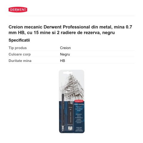 Creion mecanic Derwent Professional din metal, mina 0.7 mm HB, cu 15 mine si 2 radiere de rezerva, negru [2]