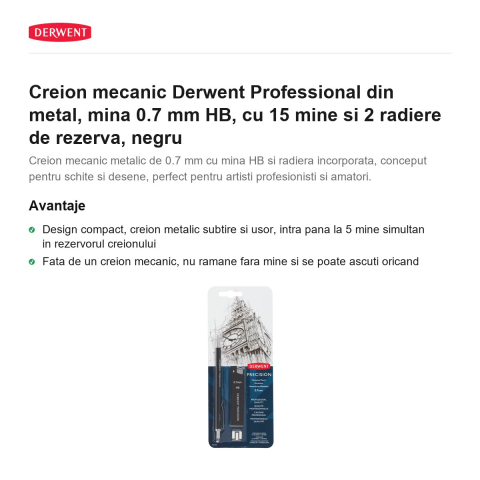 Creion mecanic Derwent Professional din metal, mina 0.7 mm HB, cu 15 mine si 2 radiere de rezerva, negru [1]