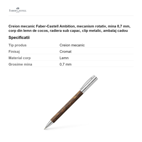 Creion mecanic Faber-Castell Ambition, mecanism rotativ, mina 0,7 mm, corp din lemn de cocos, radiera sub capac, clip metalic, ambalaj cadou [2]