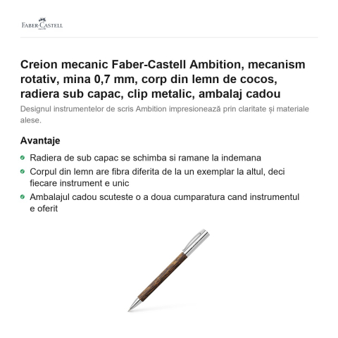 Creion mecanic Faber-Castell Ambition, mecanism rotativ, mina 0,7 mm, corp din lemn de cocos, radiera sub capac, clip metalic, ambalaj cadou [1]