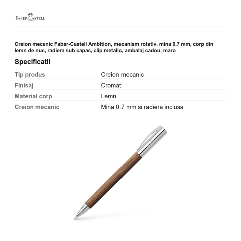 Creion mecanic Faber-Castell Ambition, mecanism rotativ, mina 0,7 mm, corp din lemn de nuc, radiera sub capac, clip metalic, ambalaj cadou, maro [2]
