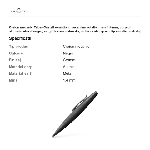Creion mecanic Faber-Castell e-motion, mecanism rotativ, mina 1,4 mm, corp din aluminiu eloxat negru, cu guillosare elaborata, radiera sub capac, clip metalic, ambalaj cadou [2]