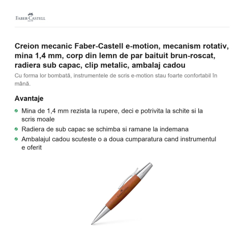 Creion mecanic Faber-Castell e-motion, mecanism rotativ, mina 1,4 mm, corp din lemn de par baituit brun-roscat, radiera sub capac, clip metalic, ambalaj cadou [1]