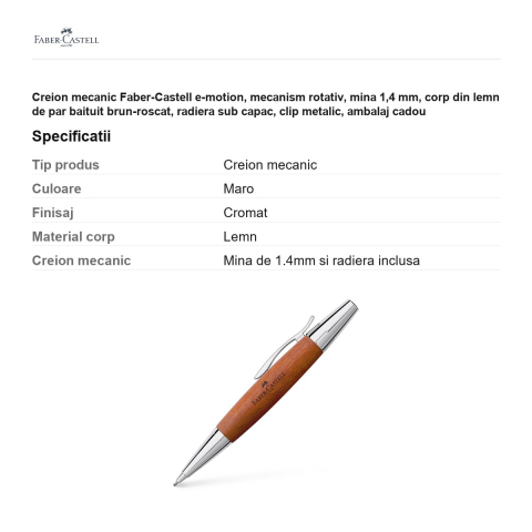 Creion mecanic Faber-Castell e-motion, mecanism rotativ, mina 1,4 mm, corp din lemn de par baituit brun-roscat, radiera sub capac, clip metalic, ambalaj cadou [2]