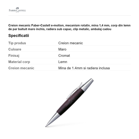 Creion mecanic Faber-Castell e-motion, mecanism rotativ, mina 1,4 mm, corp din lemn de par baituit maro inchis, radiera sub capac, clip metalic, ambalaj cadou [2]
