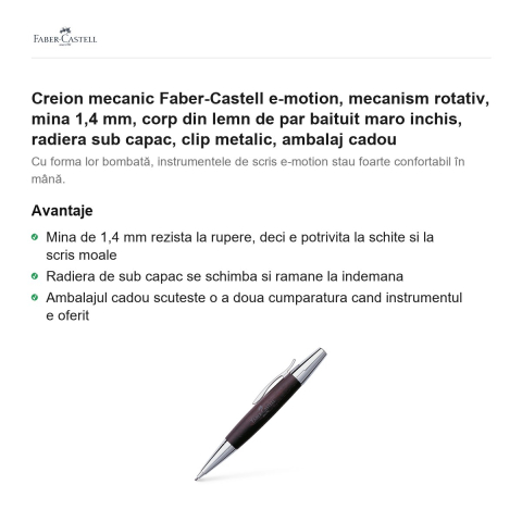 Creion mecanic Faber-Castell e-motion, mecanism rotativ, mina 1,4 mm, corp din lemn de par baituit maro inchis, radiera sub capac, clip metalic, ambalaj cadou [1]