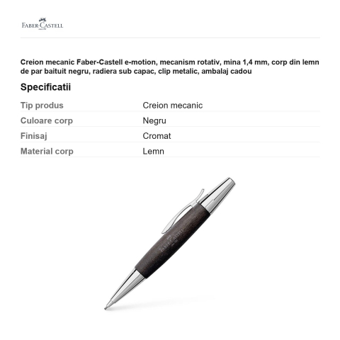 Creion mecanic Faber-Castell e-motion, mecanism rotativ, mina 1,4 mm, corp din lemn de par baituit negru, radiera sub capac, clip metalic, ambalaj cadou [2]