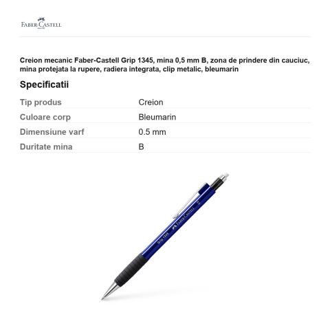 Creion mecanic Faber-Castell Grip 1345, mina 0,5 mm B, zona de prindere din cauciuc, mina protejata la rupere, radiera integrata, clip metalic, bleumarin [2]
