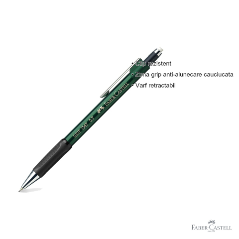 Creion mecanic Faber-Castell Grip 1347, 0.7mm, grip cauciucat, radiera retractabila, verde [2]